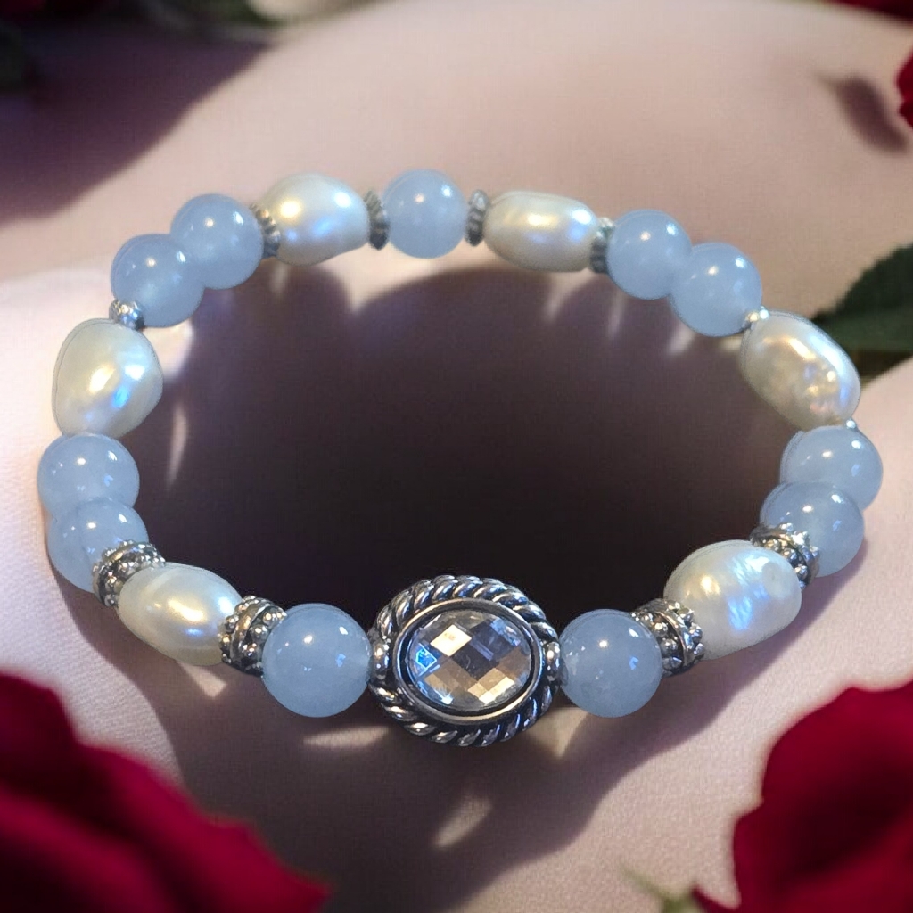 Aquamarine Freshwater Pearl Bracelet Jewel Center Bead Soft Bridal Love 35$